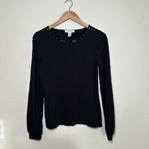 White House Black Market Womens Small Long Sleeve Blouse Black Scoop Neck Beads
